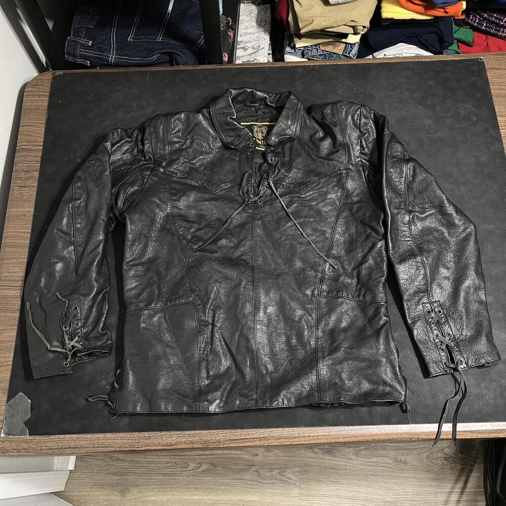 Unik Leather Jacket Tunic Womens Vintage 70s Lace Up Motorcycle Biker Western